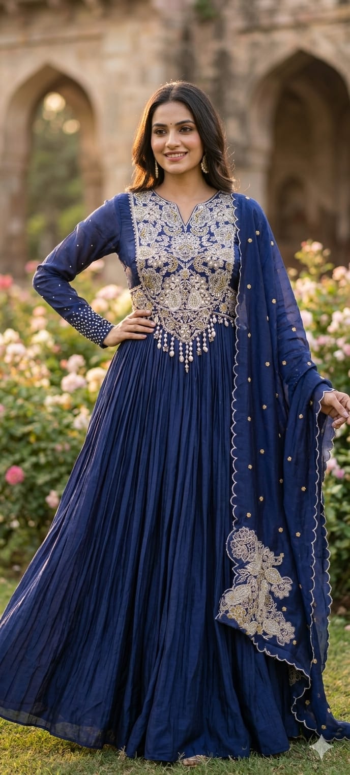 Georgette Pleated Anarkali Gown with Heavy Zardozi Hand-Embroidery, Pearl Tassel Detailing, and Scalloped Organza Dupatta Set- 14328