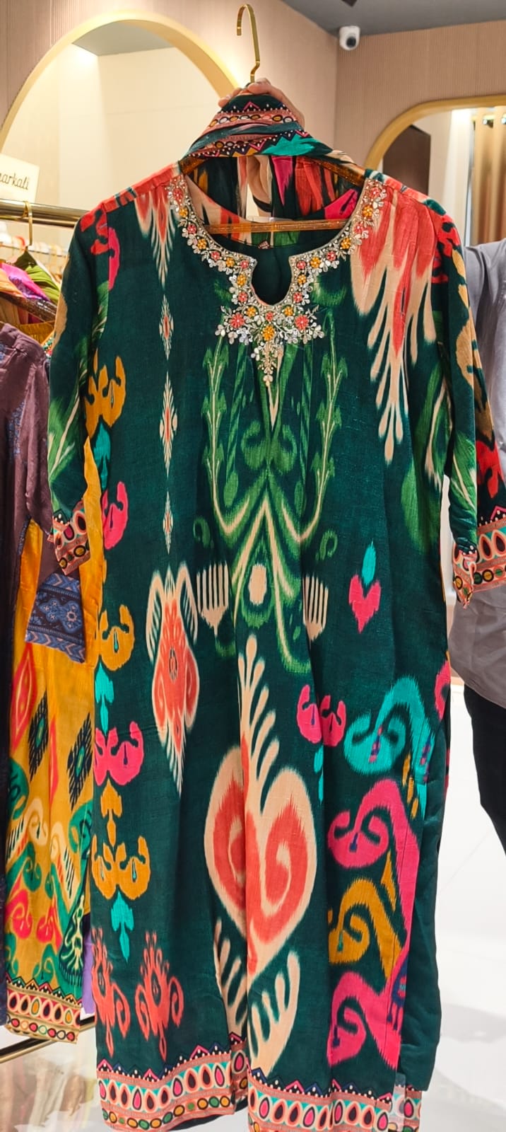 Ornate Crystal & Bead Work Midnight Emerald Royal Ikat Print Full Suit Set with Dupatta-LEAN FIT(ADVISIBLE NEXT SIZE)