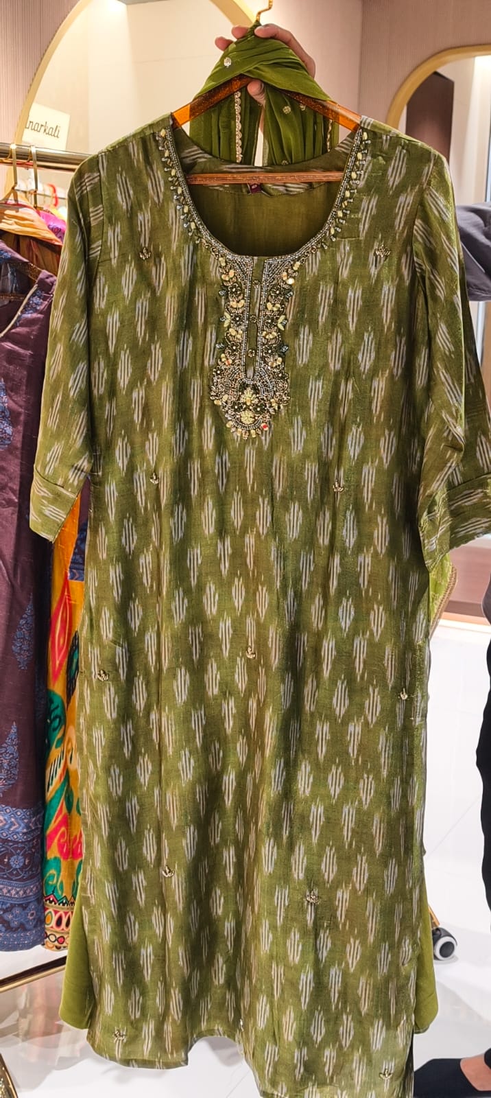 Moss Green Textured Ikat Pattern Full Suit Set with Zardosi Embroidered Neck LEAN FIT(ADVISIBLE NEXT SIZE)