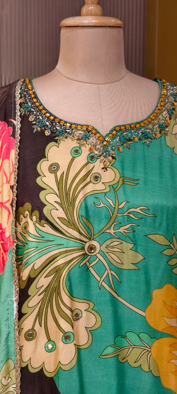 Green & Charcoal Dual-Tone Floral Abstract Print Kurta Set with Hand-Embellished Border-LEAN FIT(ADVISIBLE NEXT SIZE)