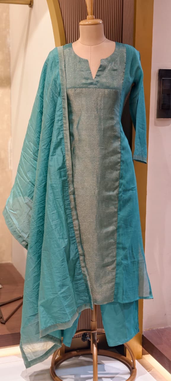Elegant Beautiful Dual-Tone A-Line Kurta With Bottom and Dupatta In Surat Mul Chanderi Fabric