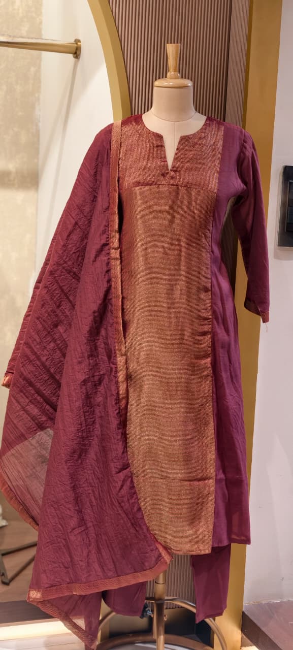 Elegant Beautiful Dual-Tone A-Line Kurta With Bottom and Dupatta In Surat Mul Chanderi Fabric