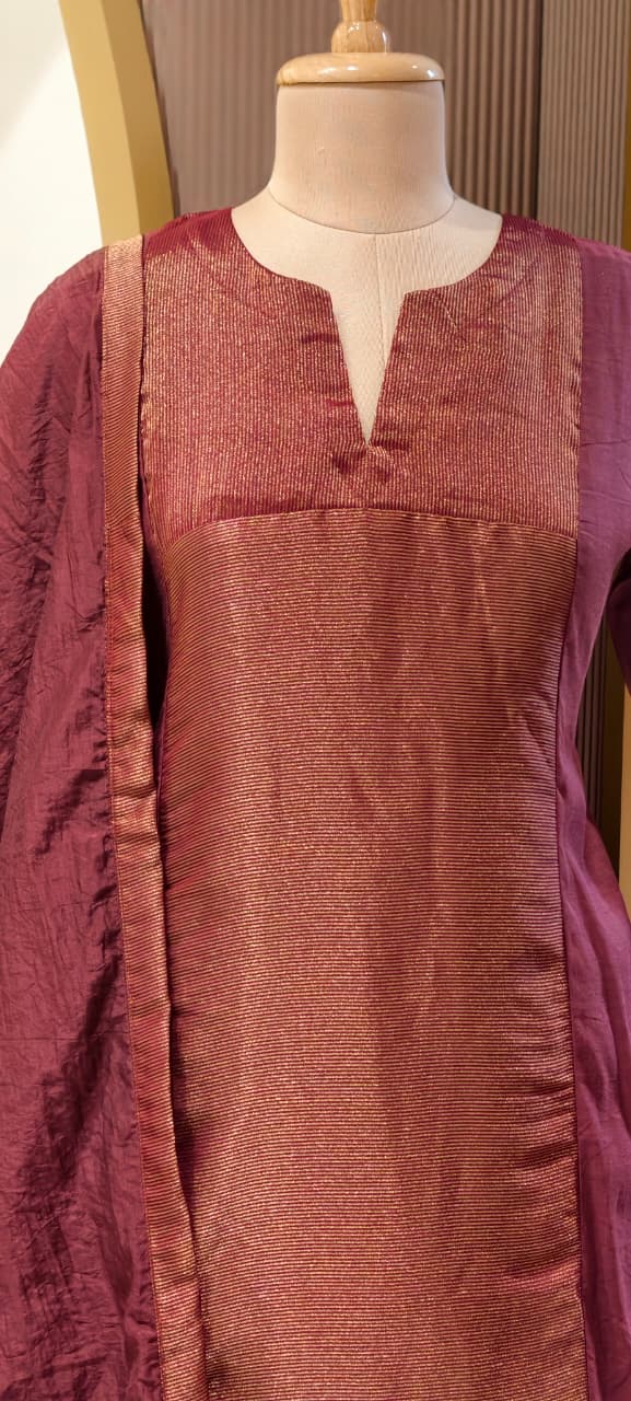 Elegant Beautiful Dual-Tone A-Line Kurta With Bottom and Dupatta In Surat Mul Chanderi Fabric