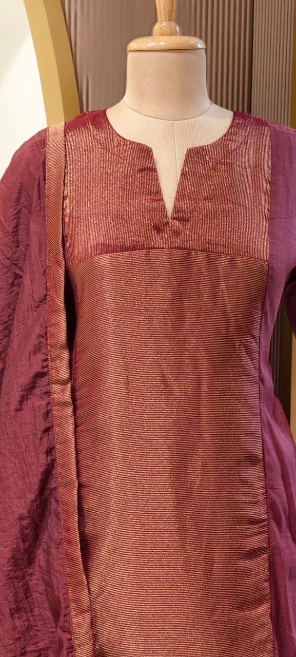Elegant Beautiful Dual-Tone A-Line Kurta With Bottom and Dupatta In Surat Mul Chanderi Fabric