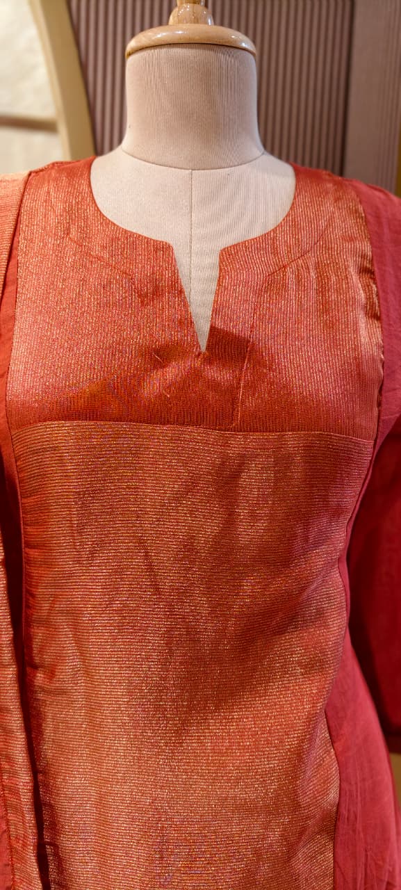 Elegant Beautiful Dual-Tone A-Line Kurta With Bottom and Dupatta In Surat Mul Chanderi Fabric