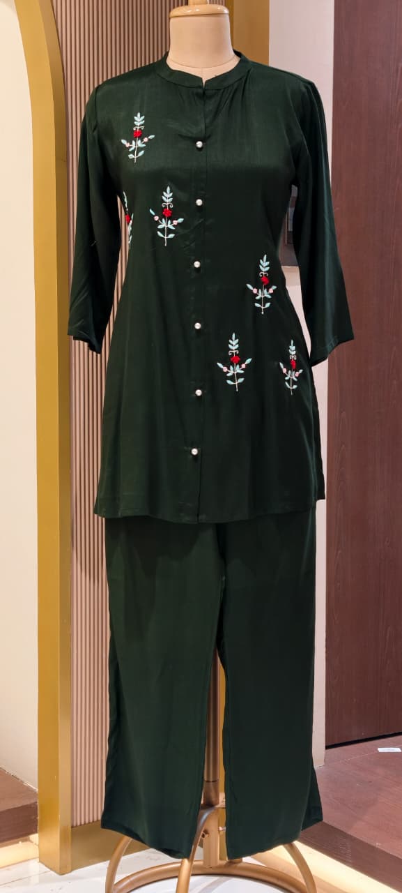 Elegant Floral Embroidered Co-ord Set Button-Down Tunic & Matching Trousers- 14874