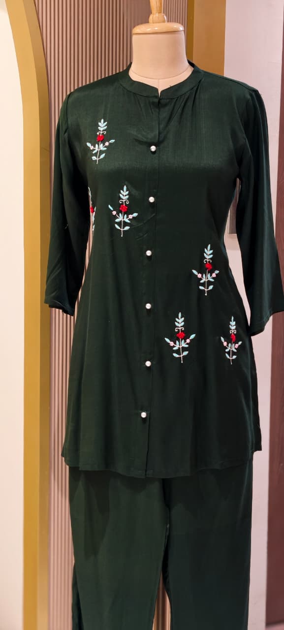 Elegant Floral Embroidered Co-ord Set Button-Down Tunic & Matching Trousers- 14874