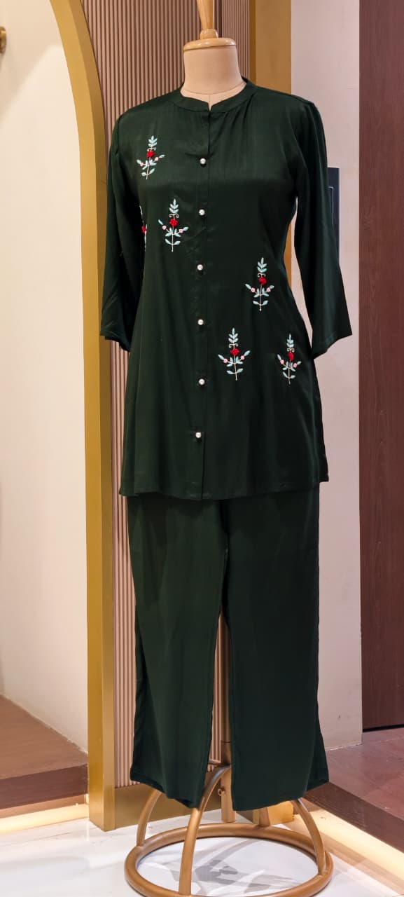 Elegant Floral Embroidered Co-ord Set Button-Down Tunic & Matching Trousers- 14874