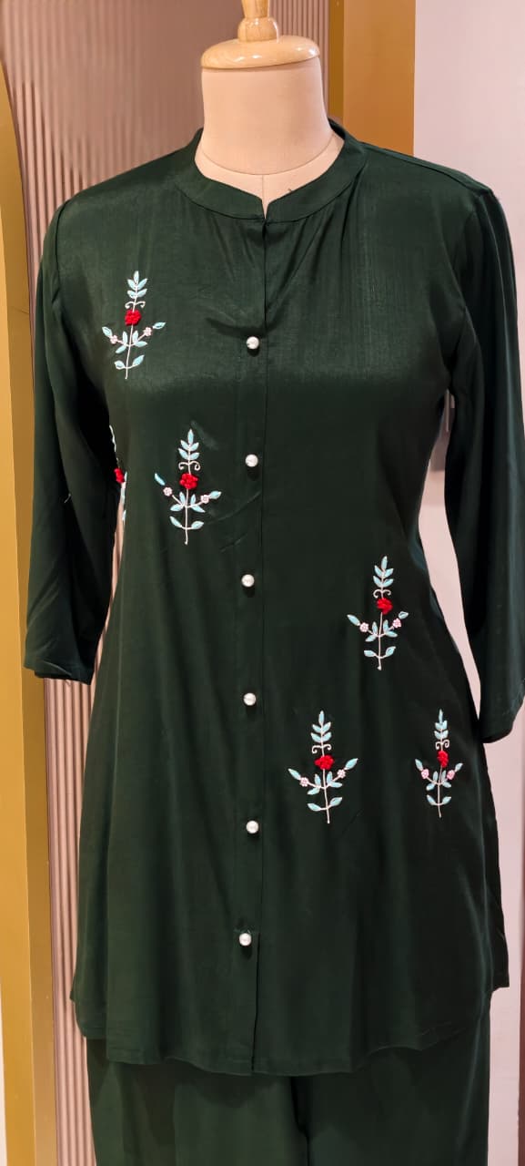 Elegant Floral Embroidered Co-ord Set Button-Down Tunic & Matching Trousers- 14874