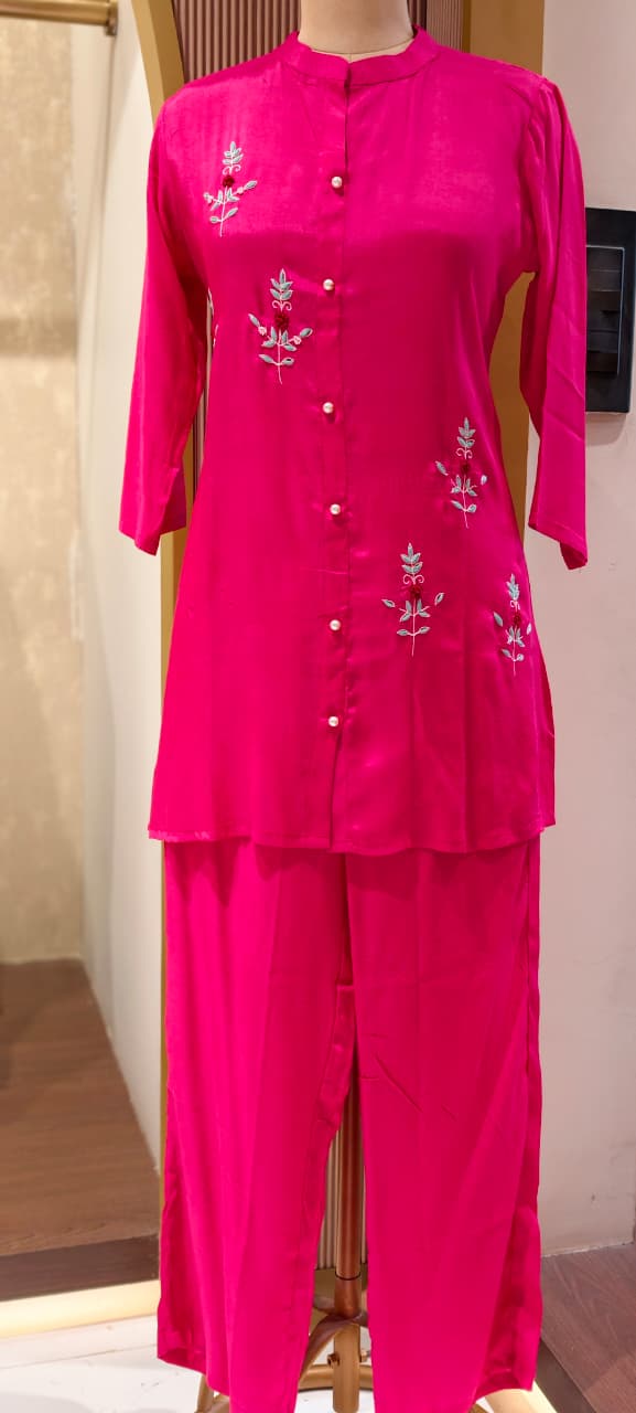 Elegant Floral Embroidered Co-ord Set Button-Down Tunic & Matching Trousers- 14874