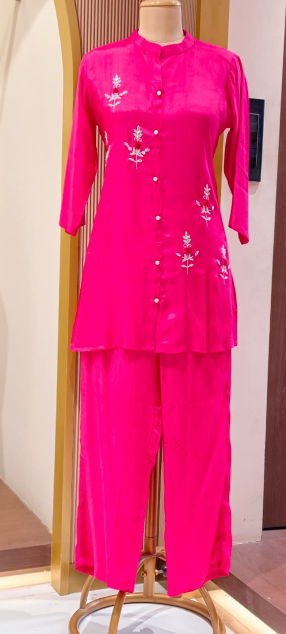 Elegant Floral Embroidered Co-ord Set Button-Down Tunic & Matching Trousers- 14874