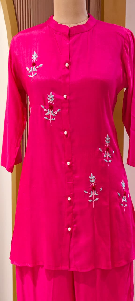 Elegant Floral Embroidered Co-ord Set Button-Down Tunic & Matching Trousers- 14874