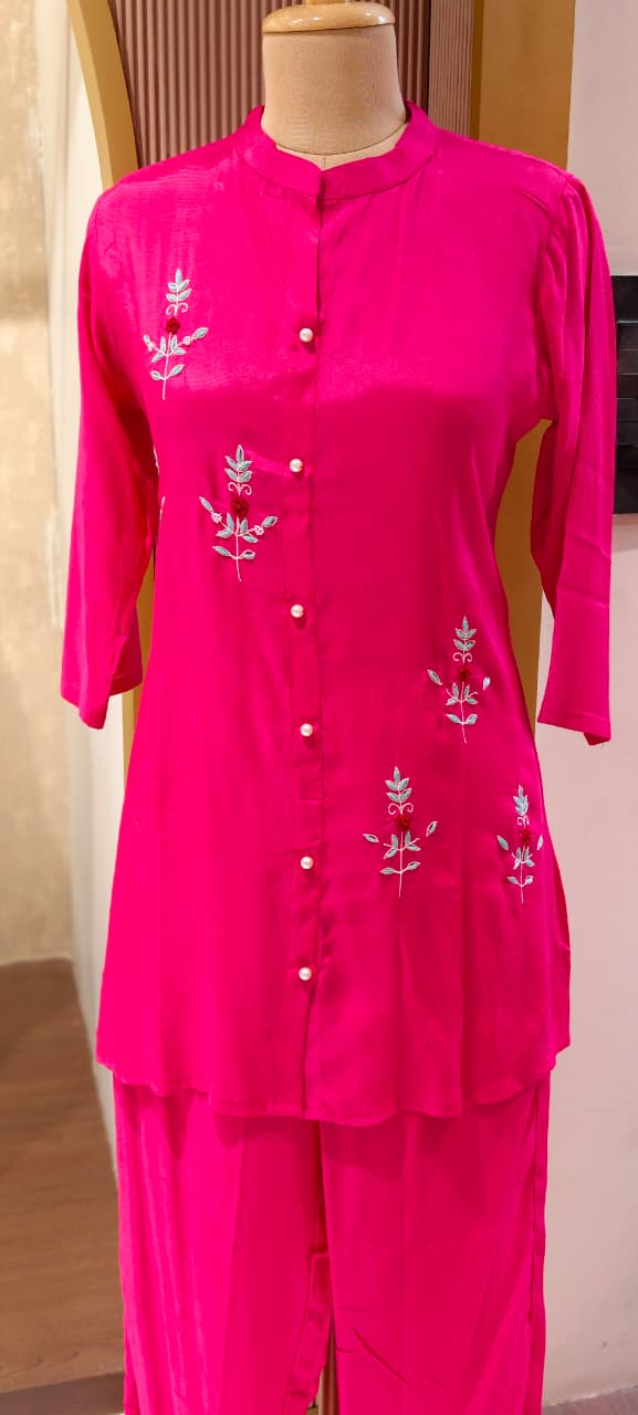Elegant Floral Embroidered Co-ord Set Button-Down Tunic & Matching Trousers- 14874