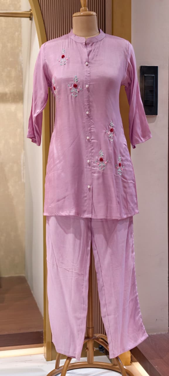 Elegant Floral Embroidered Co-ord Set Button-Down Tunic & Matching Trousers- 14874
