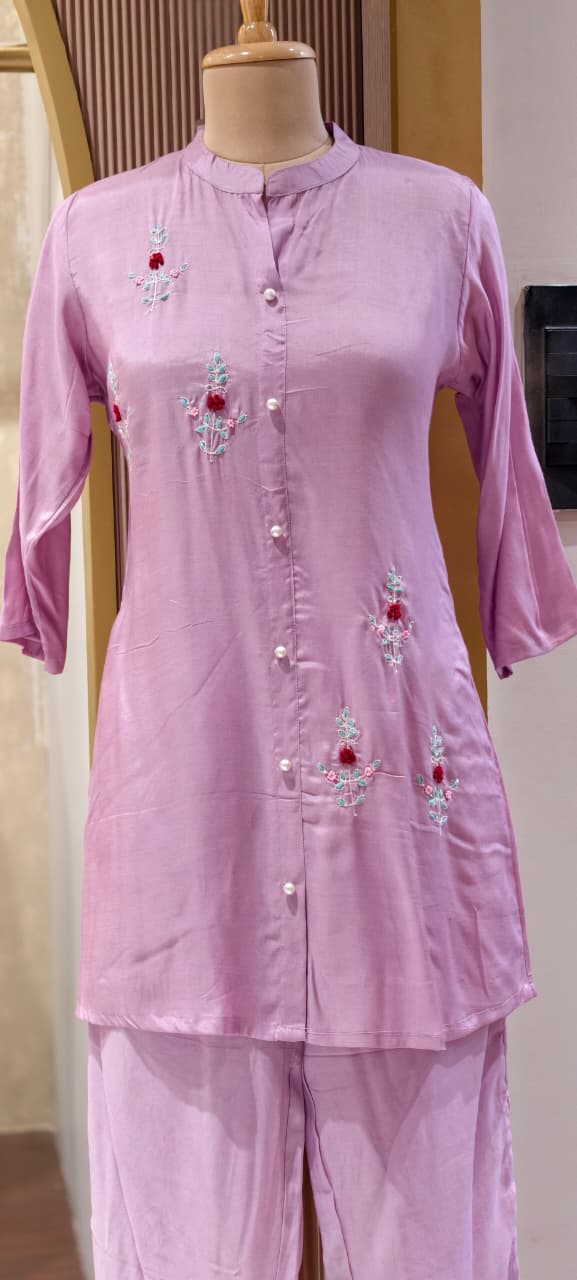 Elegant Floral Embroidered Co-ord Set Button-Down Tunic & Matching Trousers- 14874