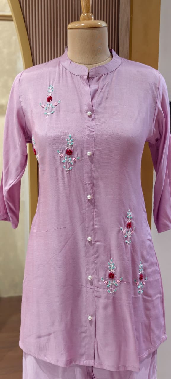 Elegant Floral Embroidered Co-ord Set Button-Down Tunic & Matching Trousers- 14874