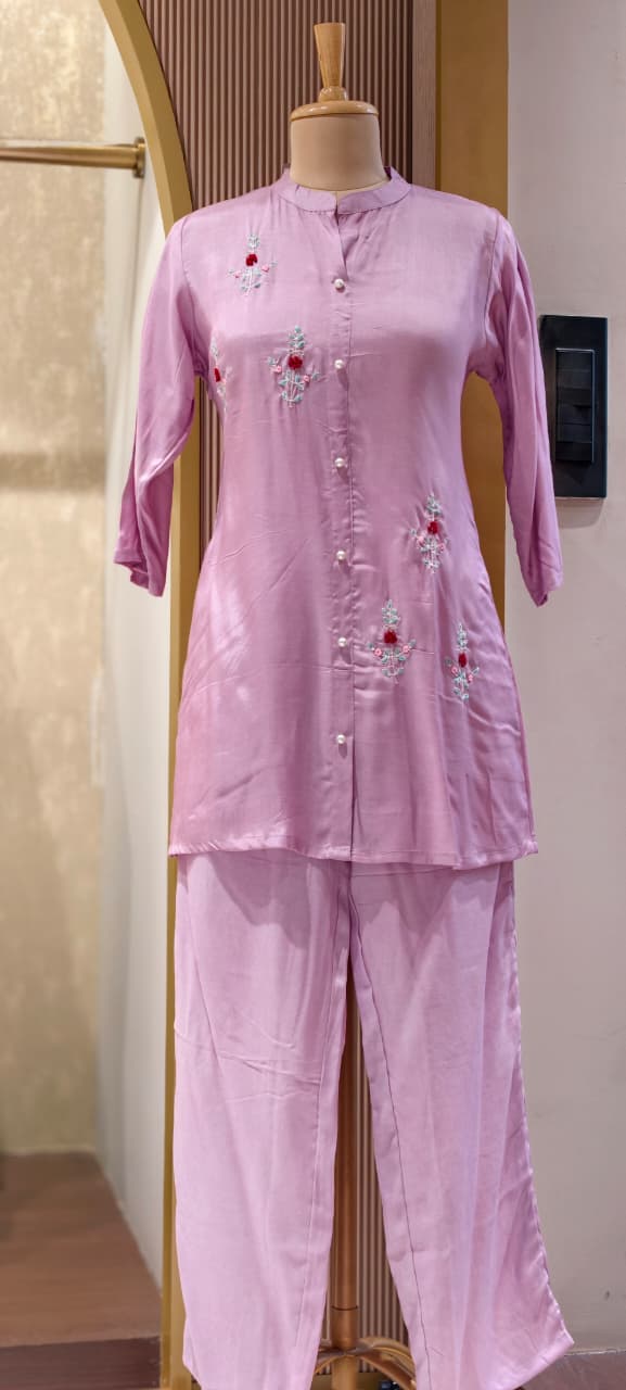 Elegant Floral Embroidered Co-ord Set Button-Down Tunic & Matching Trousers- 14874