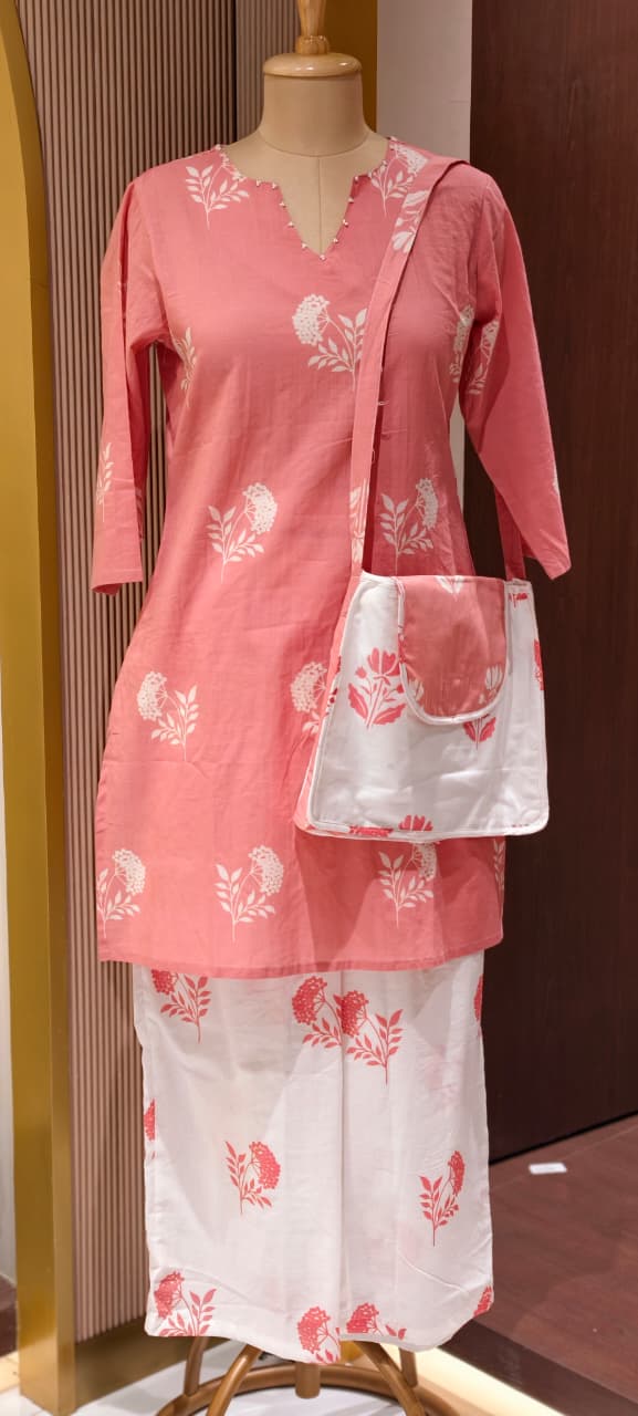 Floral Block Print Dual Color Cotton Co-ord Set with Matching Bag- 14901