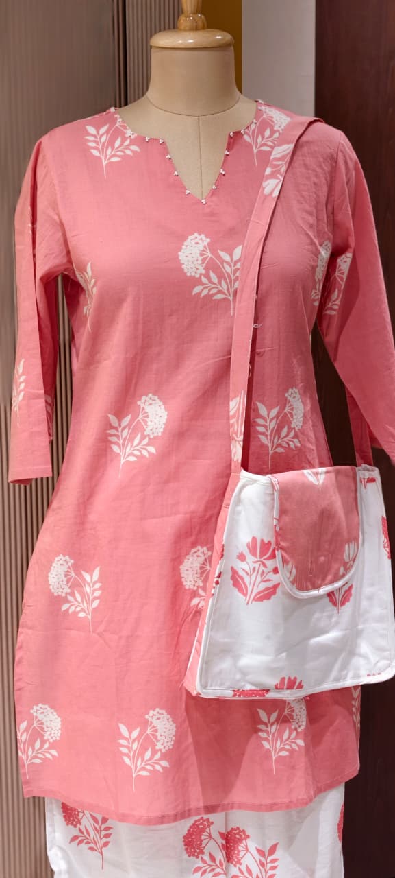 Floral Block Print Dual Color Cotton Co-ord Set with Matching Bag- 14901