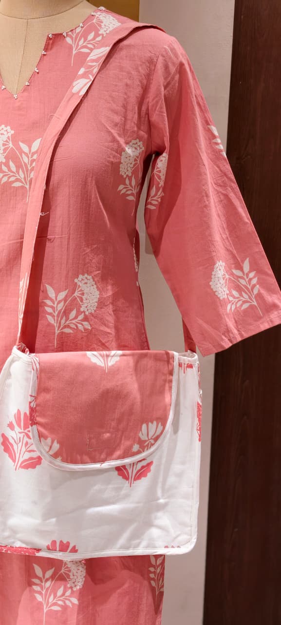 Floral Block Print Dual Color Cotton Co-ord Set with Matching Bag- 14901
