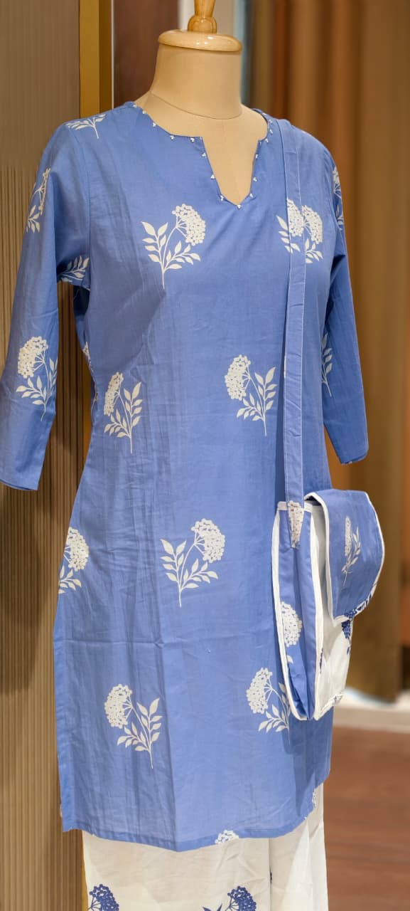 Floral Block Print Dual Color Cotton Co-ord Set with Matching Bag- 14901