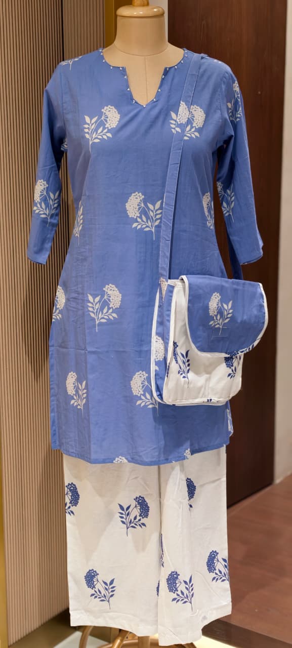 Floral Block Print Dual Color Cotton Co-ord Set with Matching Bag- 14901