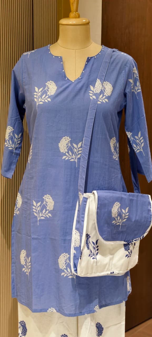 Floral Block Print Dual Color Cotton Co-ord Set with Matching Bag- 14901