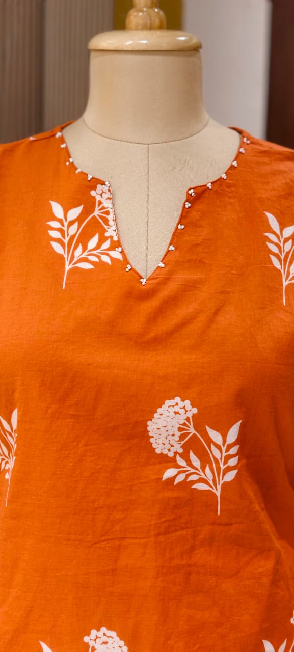 Floral Block Print Dual Color Cotton Co-ord Set with Matching Bag- 14901