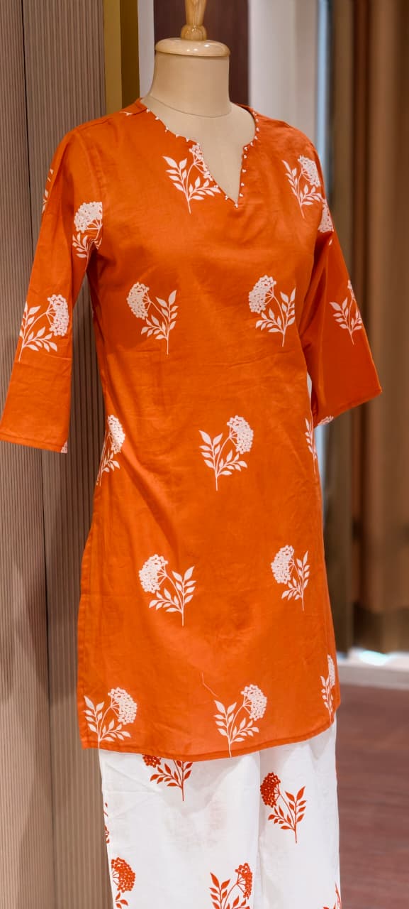 Floral Block Print Dual Color Cotton Co-ord Set with Matching Bag- 14901