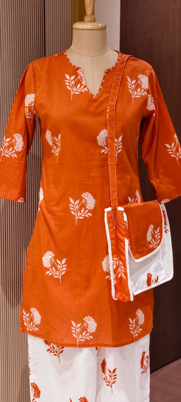 Floral Block Print Dual Color Cotton Co-ord Set with Matching Bag- 14901