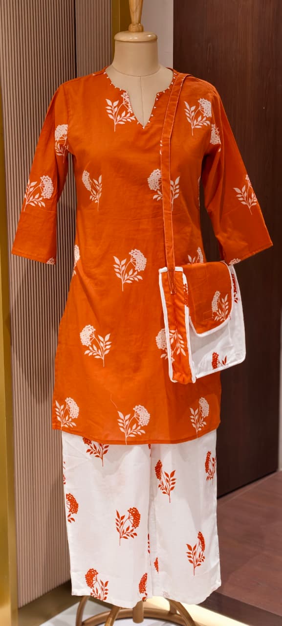 Floral Block Print Dual Color Cotton Co-ord Set with Matching Bag- 14901