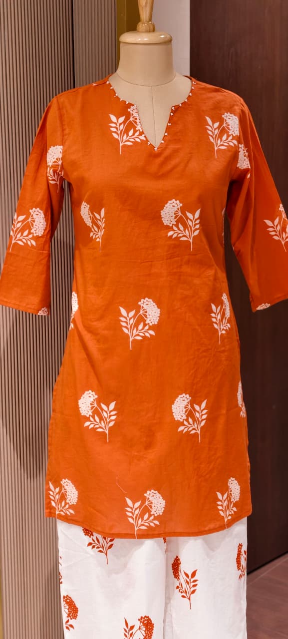 Floral Block Print Dual Color Cotton Co-ord Set with Matching Bag- 14901