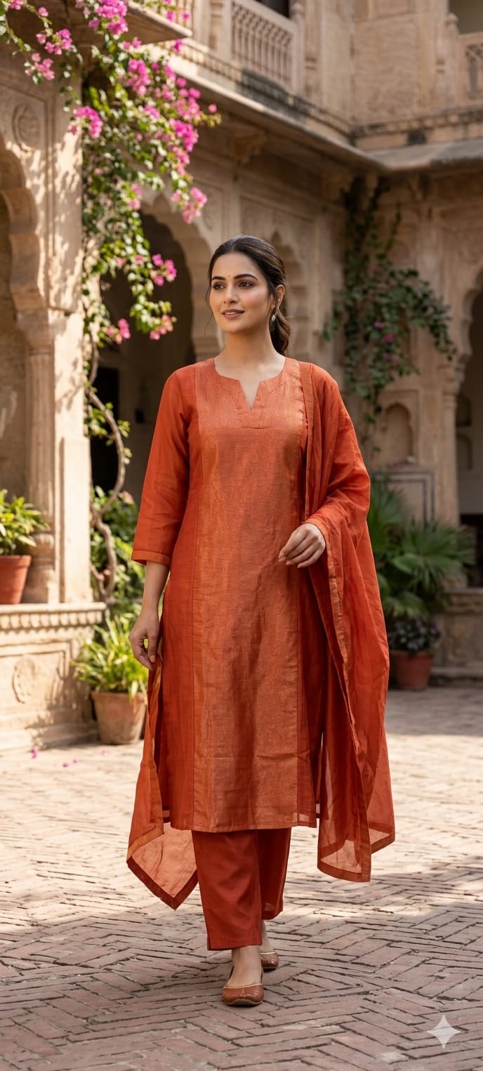 Elegant Beautiful Dual-Tone A-Line Kurta With Bottom and Dupatta In Surat Mul Chanderi Fabric