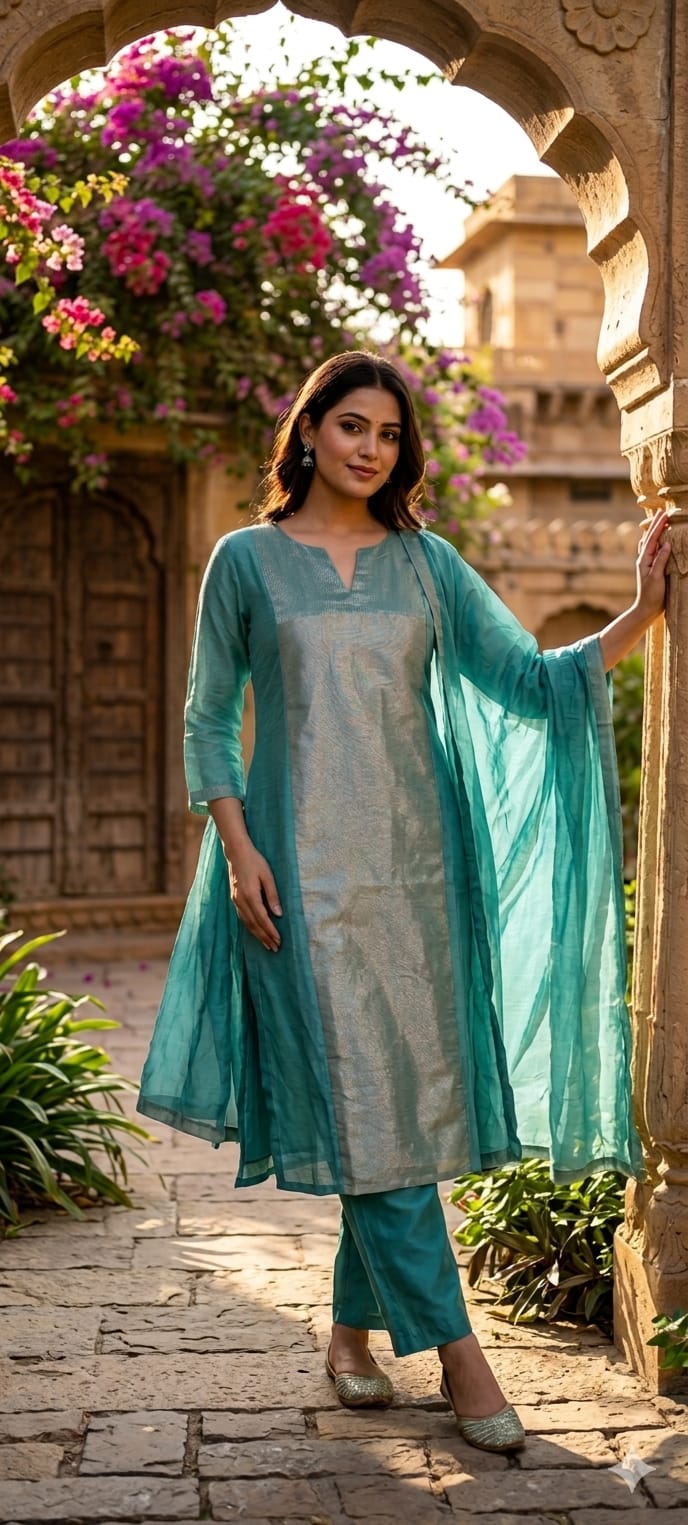 Elegant Beautiful Dual-Tone A-Line Kurta With Bottom and Dupatta In Surat Mul Chanderi Fabric