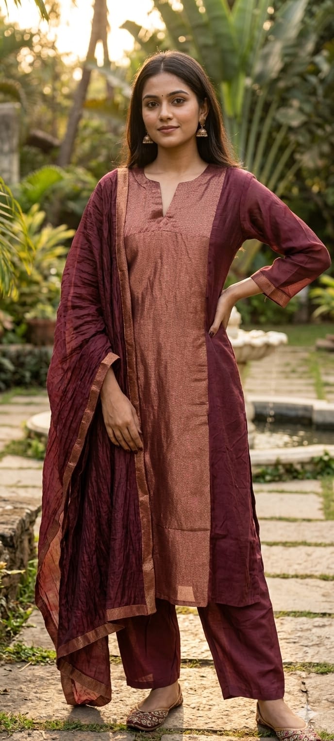 Elegant Beautiful Dual-Tone A-Line Kurta With Bottom and Dupatta In Surat Mul Chanderi Fabric