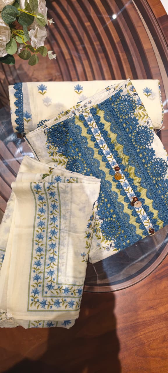 Premium Floral Print Unstitched Cotton Full Suit Set with Heavy Crosia Lace Detailing- 14913