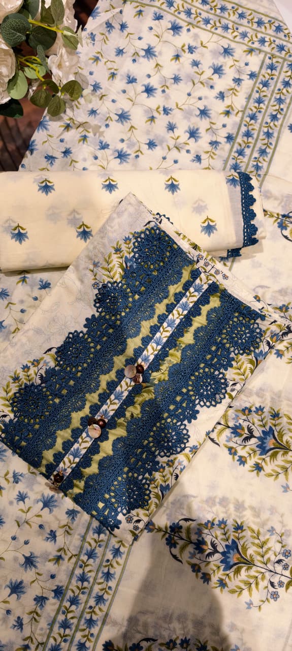 Premium Floral Print Unstitched Cotton Full Suit Set with Heavy Crosia Lace Detailing- 14913