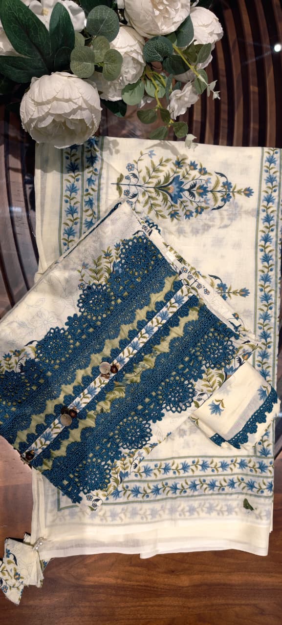Premium Floral Print Unstitched Cotton Full Suit Set with Heavy Crosia Lace Detailing- 14913