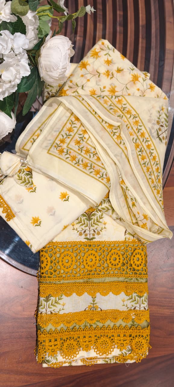 Premium Floral Print Unstitched Cotton Full Suit Set with Heavy Crosia Lace Detailing- 14913