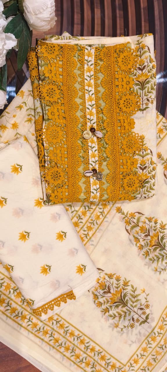 Premium Floral Print Unstitched Cotton Full Suit Set with Heavy Crosia Lace Detailing- 14913