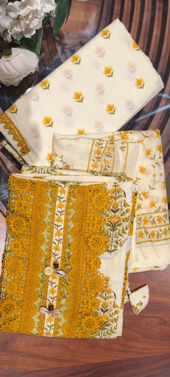 Premium Floral Print Unstitched Cotton Full Suit Set with Heavy Crosia Lace Detailing- 14913