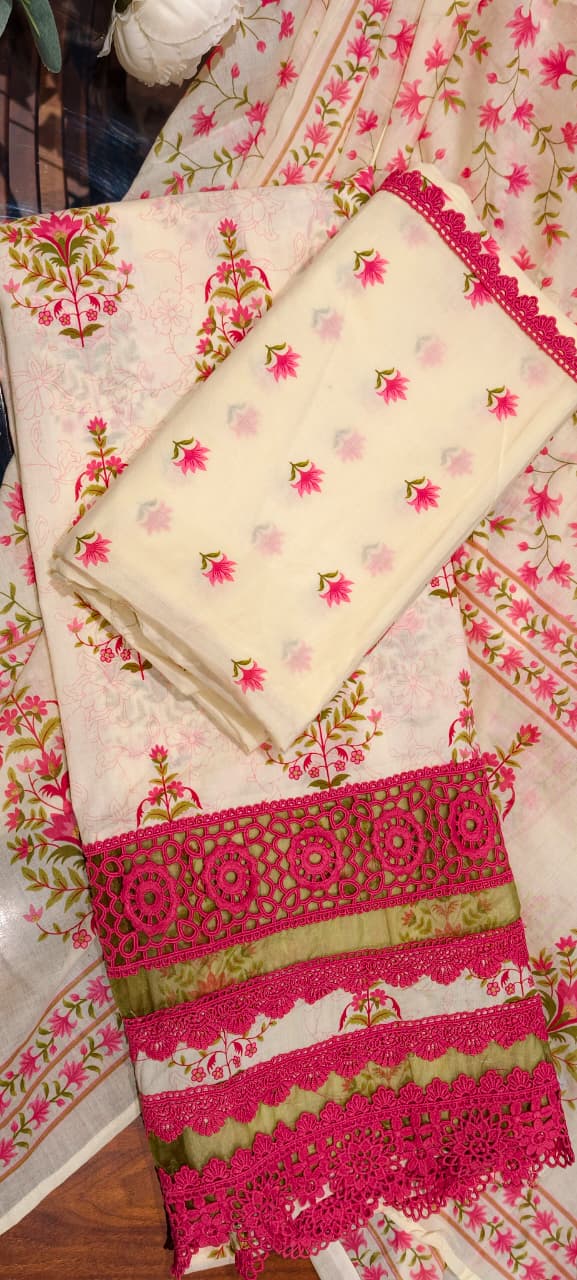 Premium Floral Print Unstitched Cotton Full Suit Set with Heavy Crosia Lace Detailing- 14913