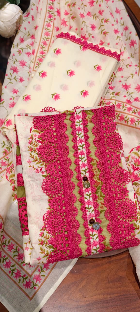 Premium Floral Print Unstitched Cotton Full Suit Set with Heavy Crosia Lace Detailing- 14913