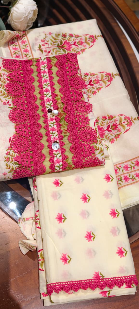 Premium Floral Print Unstitched Cotton Full Suit Set with Heavy Crosia Lace Detailing- 14913