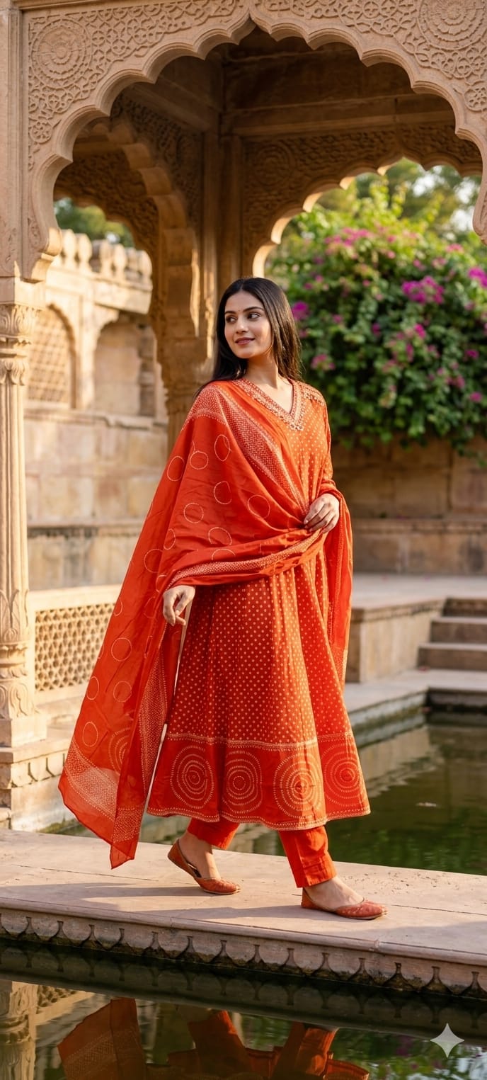 Tiny Block Prints V-Neck Panel Anarkali Full Suit Set With Dupatta In Cotton Fabric- 14902