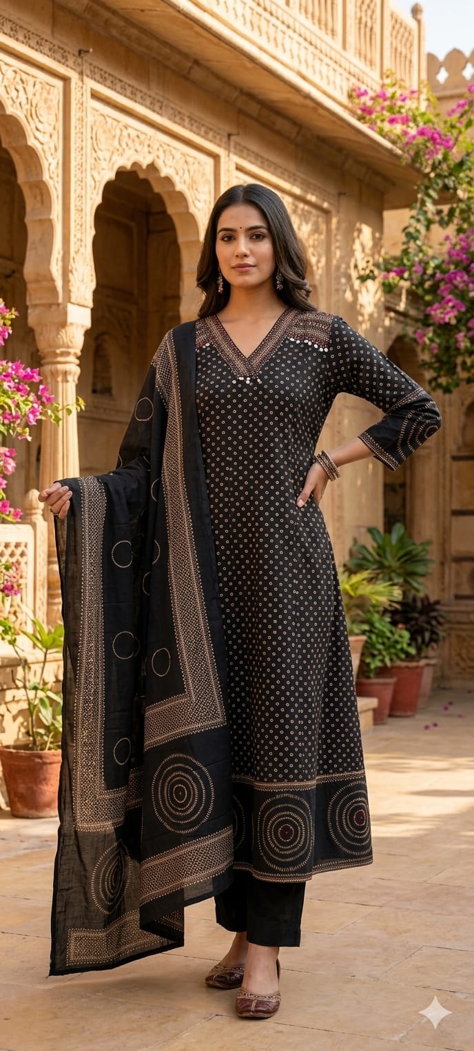 Tiny Block Prints V-Neck Panel Anarkali Full Suit Set With Dupatta In Cotton Fabric- 14902