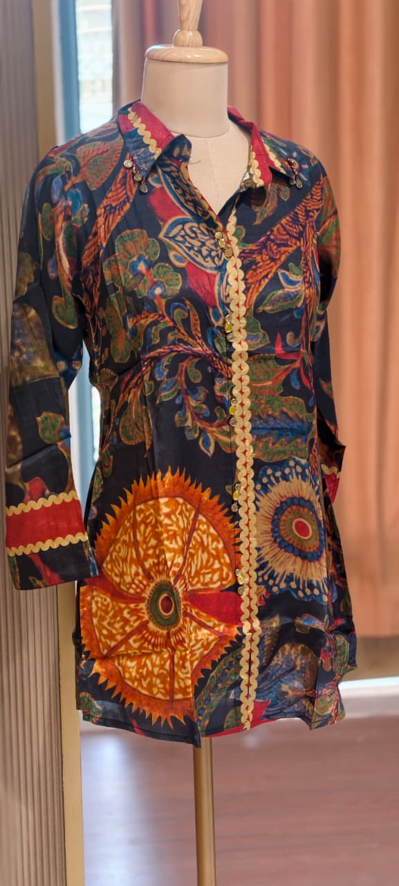 Multicolor Mossaic Gardenia Print Button Detailing Casual Crepe Shirt- 14925