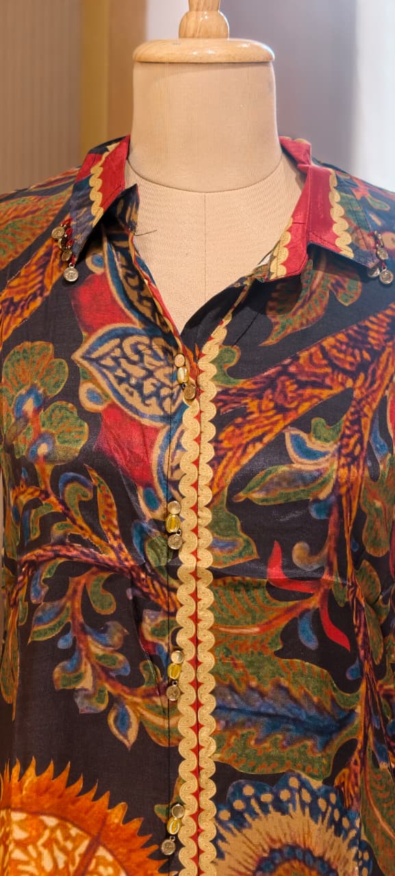 Multicolor Mossaic Gardenia Print Button Detailing Casual Crepe Shirt- 14925