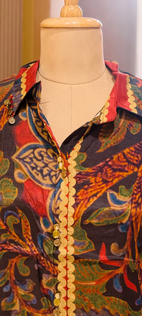 Multicolor Mossaic Gardenia Print Button Detailing Casual Crepe Shirt- 14925