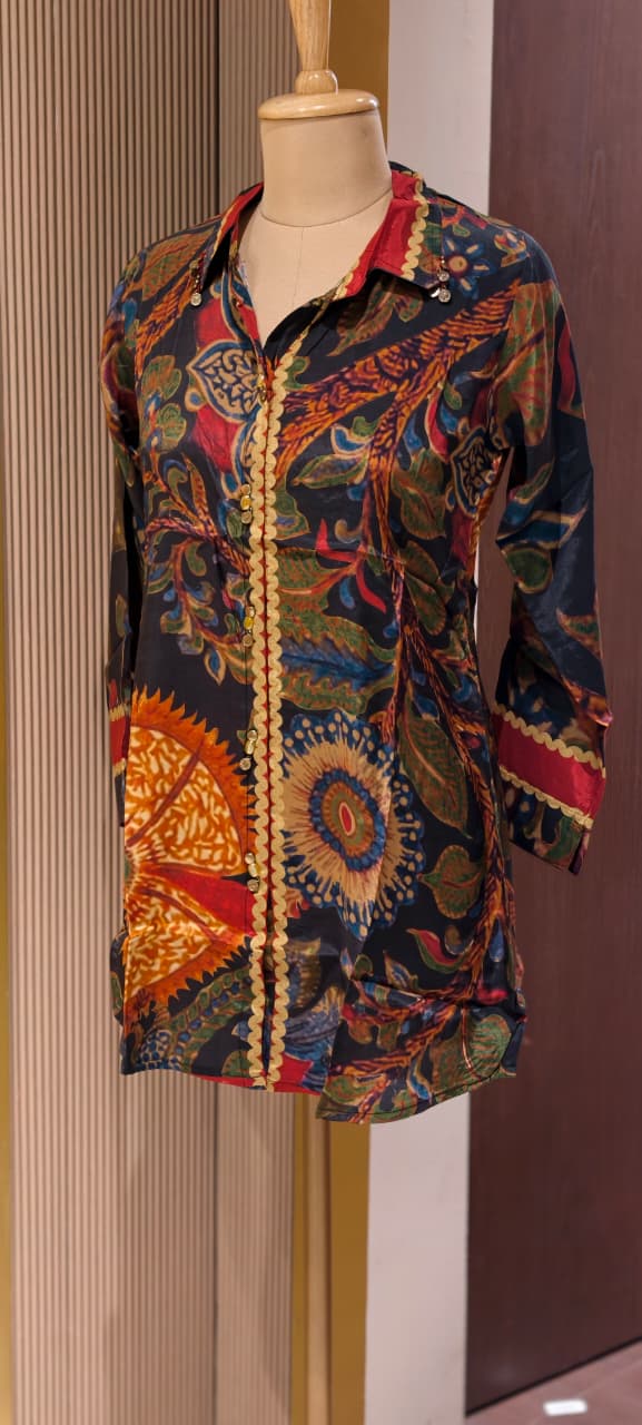 Multicolor Mossaic Gardenia Print Button Detailing Casual Crepe Shirt- 14925